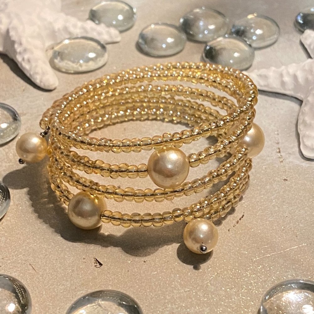 #45 Vintage Pearl Cuff Bracelet with Gold Glass Beads Coil Spiral